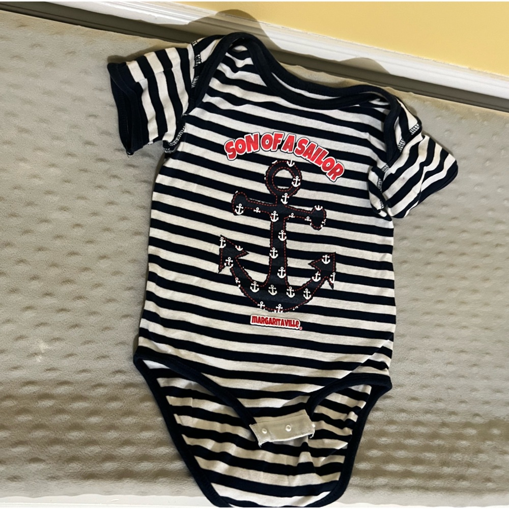 Margaritaville onesie son of a sailor collection. Navy blue, white stripes. 24m